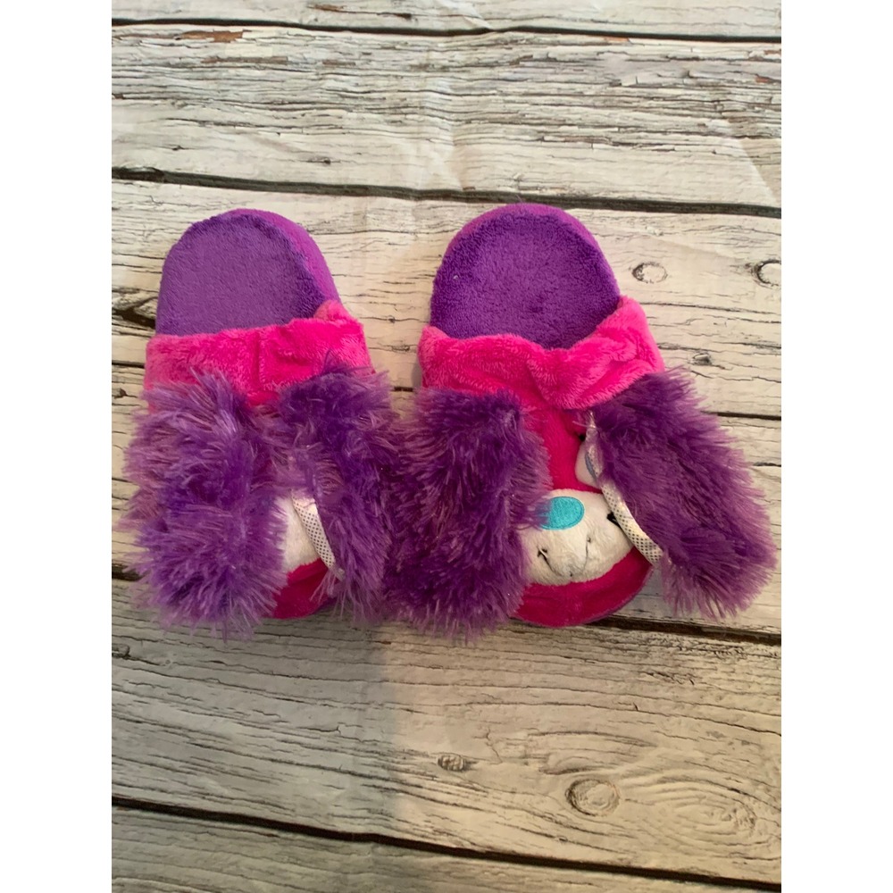 Stompeez Playful Puppy Slippers‎ Pink Purple Fuzzy Dog Character Girls Size Med